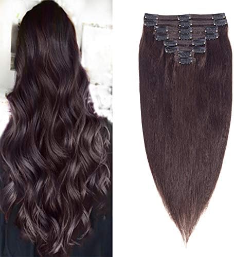 Double Weft 100% Human Hair Clip In Extensions Silky Straight 8Pcs 18Clips 14-22Inch (18 Inch=220G, 2 Dark Brown)