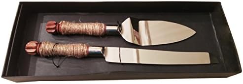 2-Piece Rustic Cake Knife and Server Set - Stainless Steel w/ Jute Twine Wrapped Solid Wooden Handles for Wedding Anniversary or Birthday Party