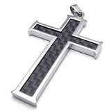 KONOV Carbon Fiber Stainless Steel Mens Cross Necklace Pendant, Black Silver, 24 inch Chain