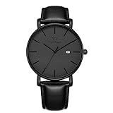 Vigor Rigger Mens Womens Ultra-Thin Watch Black Wristwatch for Men Classic Minimalist Design with Date Calendar Soft Leather Strap (dark grey)