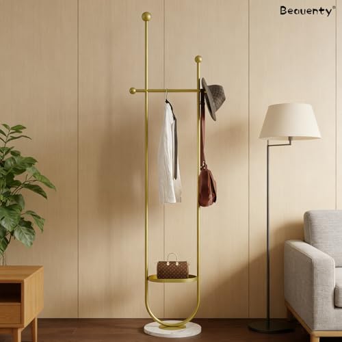 Beauenty Fashion Coat Rack, U-Shape Clothes Stand, Metal Coat Racks with Stone Slab Base, Modern Freestanding Hanger for Clothing, Bags, Hats, Entryway, Living Room, Height 1.9M (Golden)