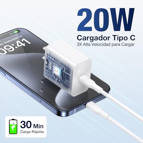 1 Hora PD 20W GAN Cargador Tipo C - 2 Pack Cargador Carga Rápida con 1M 3A Cable USB C a C - Compatible con iP17/17P/iP16/16P/15/15P, Samsung Galaxy A55/S23/Note10/S20 Ultra/S10/S9/S8