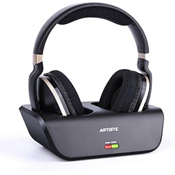 ARTISTE Wireless TV Headphones with Optical for Smart TV, Digital Stereo and 2.4GHz RF Transmitter and Charging Station, 100 foot Range and Rechargeable 20 Hours Battery, Black and Gold