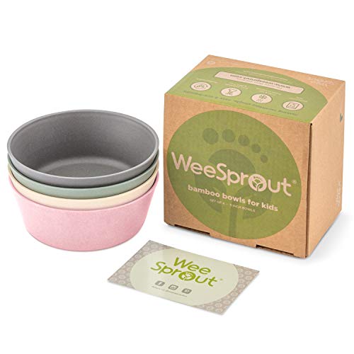 WeeSprout Bamboo Kids Bowls, Set of Four 10 oz KidSized Bamboo Bowls
