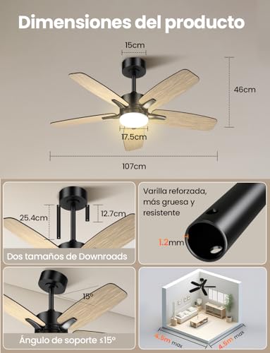 Airwit Ventilador de Techo, Lámpara Ventilador de Techo 42 Pulgadas/107 cm, Abanico de Techo Silenciosos con Control Remoto y Luz LED para el Hogar, 6 Velocidades, Motor de CC Reversible, Negro