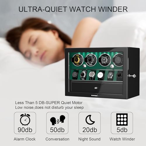 DUKWIN Watch Winder for 2/4/6/8 Automatic Watches with Key Lock, 3/6 Extra Watch Storages,4 Rotation Modes, LED Light, Super Quiet Motor, Spring Watch Pillows for Men＆Women