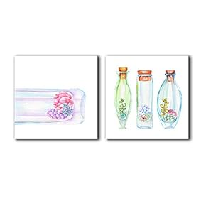 2 Panel Square Canvas Wall Art - Watercolor Style Succulent Plant in Bottles - Giclee Print Gallery Wrap Modern Home Art Ready to Hang - 12"x12" x 2 Panels