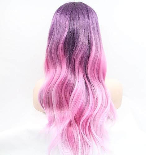 YSZXSXJK Pink Purple Ombre Synthetic Lace Front Wigs Long Wavy Glueless Three Tone Pink Lace Front Wig For Fashion Women