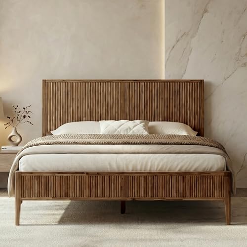 Megsu Bosk King Size Bed Frame with Headboard, Solid Acacia Wood Platform Bed, No Box Spring Need, Fluted Mid-Century Modern Design, Easy Assembly, Compatible with 8-12-14" Mattress Thickness, Walnut