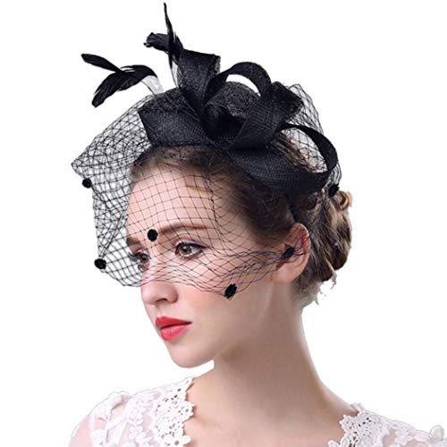 Fascinators for Women,Fashion Women Fascinator Penny Mesh Hat Ribbons and Feathers Wedding Party Hat (One Size, Black)