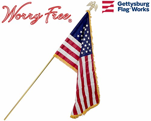 Worry Free Parade Set, Gold Adjustable Pole Eagle Finial and 3x5' Pole Hem and Fringe Presentation US Flag. Made in USA