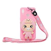 Miagon Silicone Cover for Samsung Galaxy A10S,3D Cute Wallet Storage Bag Design Case with Necklace Neck Strap Chain Cord Band,Pink Pig