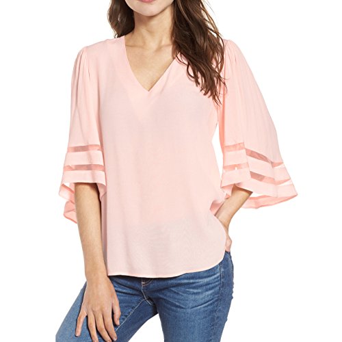 Shy Velvet Women's 3/4 Short Bell Sleeve V Neck Lace Patchwork Chiffon Blouse Casual Loose Shirt Tops