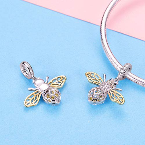 BAMOER Bee Charm Sterling Silver Charm Honey Bee Bracelet Necklace Lovely Lucky Charms Pendant Bee DIY Jewelry for Women