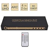4 x 2 HDMI Matrix Switch,Awakelion 4 in 2 Out 4K@30Hz HDMI Switcher & HDMI Splitter with Optical & L/R Audio Output,Support Ultra HD 4K x 2K,3D 1080p,ARC,PIP