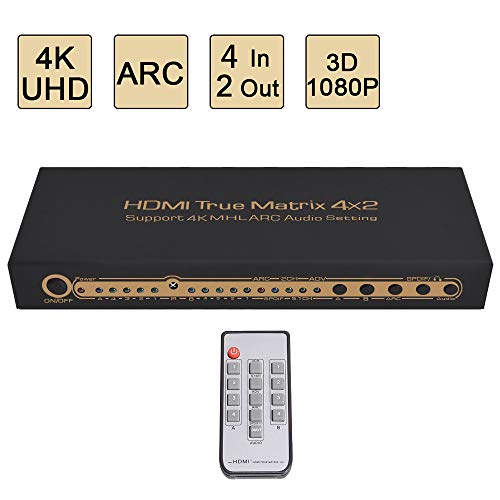4 x 2 HDMI Matrix Switch,Awakelion 4 in 2 Out 4K@30Hz HDMI Switcher & HDMI Splitter with Optical & L/R Audio Output,Support Ultra HD 4K x 2K,3D 1080p,ARC,PIP