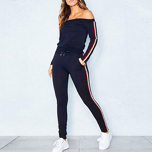 Sinfu Women Casual Pullover Off Shoulder Sweatpants Two Piece Sport Tracksuit Outfits Set (M, Navy)
