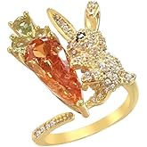 Izpack Sparkling Rabbit Carrot Statement Open Ring 14k Golden Plated Crystal Cubic Zirconia Bunny Pet Adjustable Finger Bands Comfort Fit Rings Cute Easter Birthday Jewelry Gifts for Women Bff