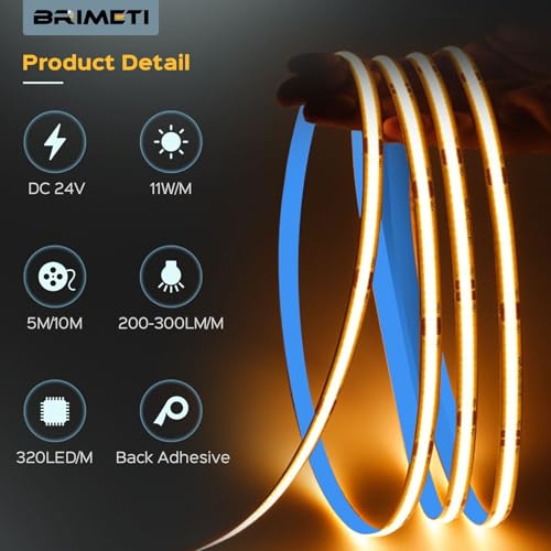 BRIMETI COB LED Strip 24 V 5 m LED Light Inner Tube Self-Adhesive 4000 K Natural White 320LEDs/M Strips Tape Width 8 mm for Kitchen, Living Room, Bar Parties (No Power Supply)