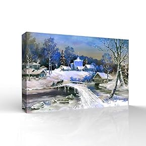 Canvas Wall Art -Winter Forest Snow Village Oil Painting - Modern Home Art Stretched and Framed Ready to Hang - 12x18 inches