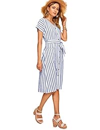 Milumia - Vestido de rayas para mujer, con bolsillo frontal y botón hacia arriba