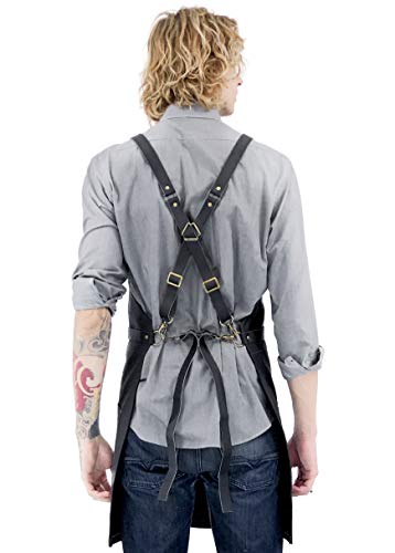 Under NY Sky Real Leather Apron - Black Leather Body, Pockets and Crossback Straps - Split-Leg, Lined - Adjustable for Men and Women - Pro Chef, Barista, Barber, Woodworker, Shop, Bartender, Maker