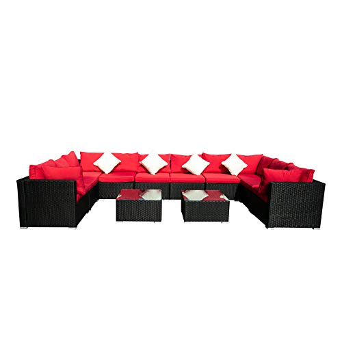 Outdoor Wicker Patio Furniture Set Large Sectional Red Cushioned Black