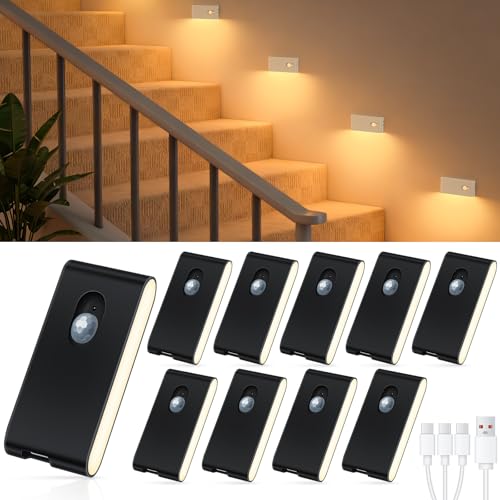 WILLED 10 Stück Treppenlicht mit Bewegungsmelder Innen in Schwarz, Aufladbar mit 500mAh Akku (2 Monate), 2700K Warmweißes LED Nachtlicht für Flur, Sch