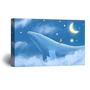 Hand Drawing Style Mystical Boy Reaching for The Moon on a Blue Whale Gallery 12x18 inches