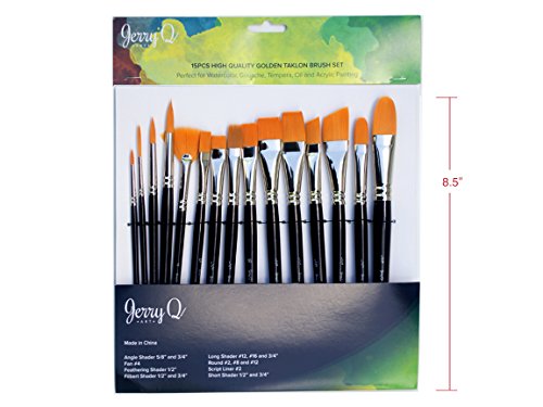 Jerry Q Art 15 pcs Golden Taklon Brush Set for Acrylic, Tempera, Watercolor, Oil Painting, Silver Ferrule with Violet Short Wooden Handles JQ151