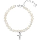 In Season Jewelry 925 Sterling Silver Adjustable White Cultured Pearl & Cross Bracelet for Toddlers and Little Girls - Classic Cultured Pearl Bracelets for Young Girls - Kids Cross Bracelet