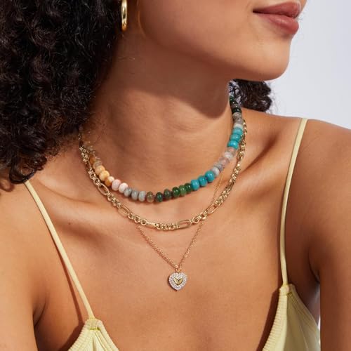 KissYan Beaded Gemstone Necklace for Women, Colorful Boho Bead Choker Natural Stone Surfer Beach Necklaces 14K Gold Plated Summer Handmade Jewelry