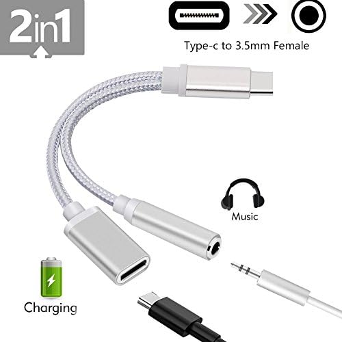 2 in 1 USB-C to 3.5mm Audio Adapter, Nylon Braided 2 in 1 USB Type C Cable Fast Charge to 3.5mm Audio Jack Headphone Adapter Converter Supports Audio and Charging for Motorola MotoZ, Letv (Silver)