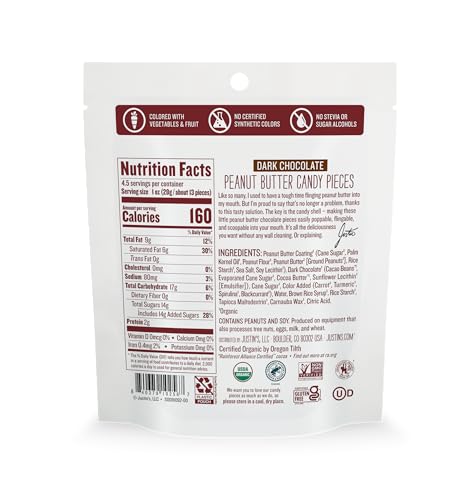 JUSTIN’S DARK CHOCOLATE PEANUT BUTTER CANDY PIECES – 4.5OZ BAG ORGANIC, GLUTEN FREE, NON-GMO, RESPONSIBLY SOURCE, RAINFOREST ALLIANCE CERTIFIED COCOA