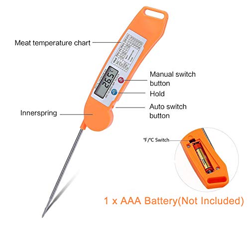 Instant Read Food Meat Thermometer, BaseWish Digital Electronic Cooking Thermometer with LCD Screen, Long Collapsible Safe 304 Stainless Steel Probe, for BBQ Grill Oven Candy Liquids Milk Tea, Orange