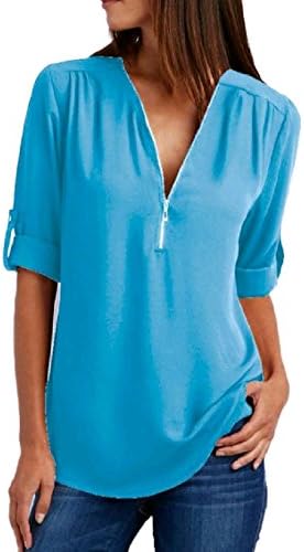 LinkShowWomen LinkShow Women's Chiffon Zipper Closure Long Sleeve Relaxed Oversized T-Shirt Top Blouses Sky Blue 2XL