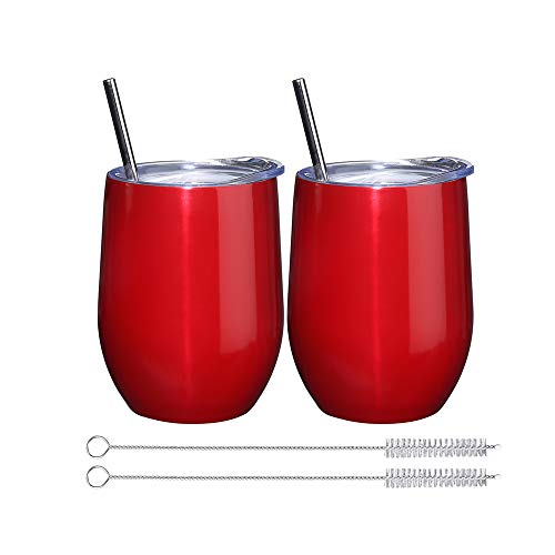 2 Pack 12 oz Wine Tumbler with Lids, Double Wall Vacuum Insulated Stainless Steel Stemless Wine Glass, Travel Coffee Mug Cup for Wine, Drinks, Champagne, Cocktails (Include Straws & Brush) (Red) - Thumbnail 7