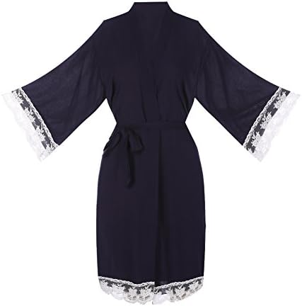ellenwell Women's Cotton Knit Kimono Robe for Bride and Bridesmaid with Lace Trim Nightwear