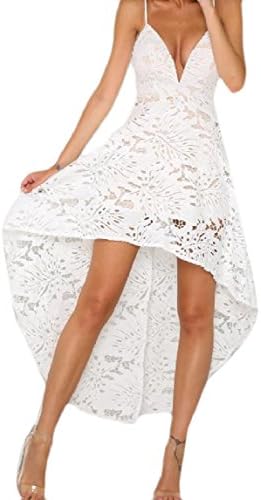 QueenHands Women's Pure Colour Notch Collar Beachwear Asymmetrical Sling Lace Trim Dresses White S