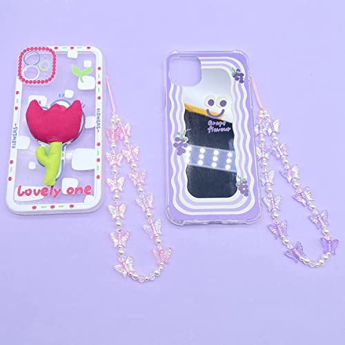 Fuqimanman2020 1-2 PCS Natural Stone Cell Phone Lanyard Strap Charms- Handmade Colorful Beaded Butterfly Charms for Women Girl, Rainbow Keychain