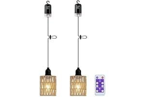 EcoGehen 2X Battery Operated Pendant Light Outdoor Chandelier for Gazebo Hanging Lamp with LED Bulb Rattan Shade Waterproof Lantern for Porch Patio Backyard Bedroom Kitchen, Powered by 4*AA Batteries