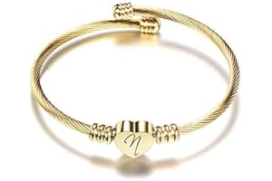 MYNENEY Gold/Rainbow Stainless Steel Bangles Jewery for Birthday Halloween Heart Initial A-Z Letters Bracelets for Girls