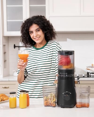 Juicer Machine, Cold Press Juicer with 5.8" Large Feed Chute, 300W Masticating Slow Juicer with High Juice Yield, Juice Maker for Fruits and Veggies, Easy to Clean, BPA-Free, Black