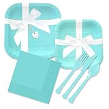Iconic Blue Box Inspired Party Supplies Kit for 24 Guests - Paper Plates, Napkins, Forks, Spoons Knives