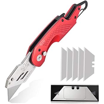 RoverTac Folding Utility Knife Set Quick Change Blade, Pocket Knife Box Cutter with Bottle Opener and Carabiner, Gift for Men & Women with Lock-Back Design and Lightweight Aluminum Body (Red)