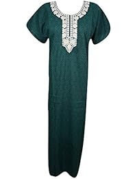 Women's Nightgown Maxi Dress Green Embroidered Neck Cotton Dresses L