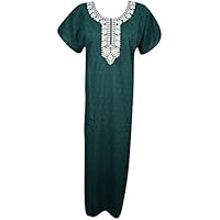 Mogul Interior Women's Nightgown Maxi Dress Green Embroidered Neck Cotton Dresses L