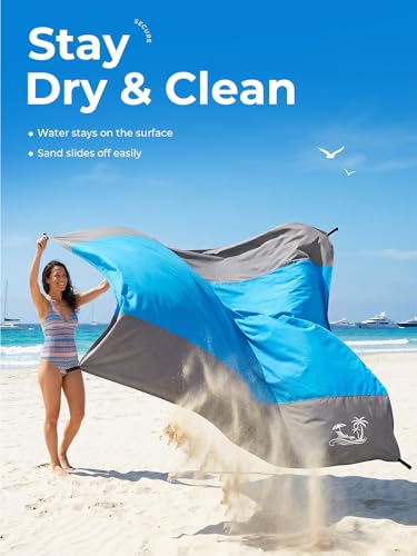 Solnery Large Beach Blanket Waterproof Sandproof, Beach Mats Sand Free, Windproof Outdoor Mat, Portable, 4 Stakes, 250 x 200 cm, Fits 1–8 People, for Seaside, Picnic & Camping (Ocean Blue)