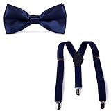 HDE Kid Boys Adjustable Y Back Clip Suspenders Matching Pre Tied Bowtie Set (Navy)