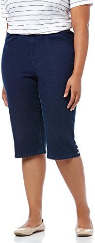 Symbidium Women's Plus-Size Easy Fit Comfort Elastic Waist Pull-On Essential Capri Pant with Hem Buttons Dark Wash 0X